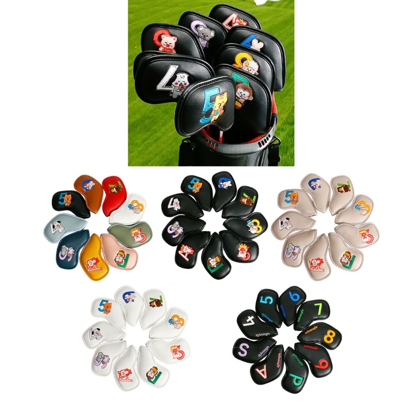 Super 9 ชิ้นหนัง PU Golf Iron Headcover หนาสังเคราะห์ Watertight Golf Iron Head Cover Golf Club Head