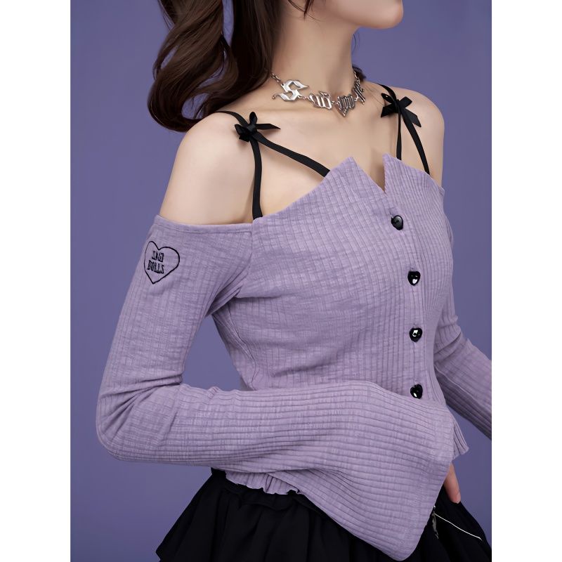 XL ไซส์ใหญ่ สีม่วง สายผูกโบว์ไหล่เดียวทรัมเป็ตแขนยาวทรงเข้ารูปเสื้อตัวสั้นดูขาวหวาน