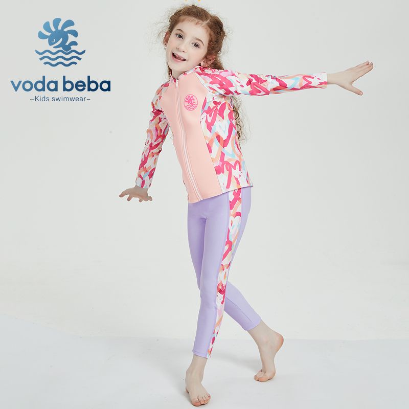 VODA BEBA ชุดว่ายน้ำ เก็บอุณหภูมิ รุ่น ซิปหน้า สำหรับเด็ก ชุดว่ายน้ำเด็กผู้หญิง แห้งไวมาก UPF50+ ชุดว่ายน้ำเด็ก (แถมหมวก)ชุดว่ายน้ำเด็กผู้หญิง