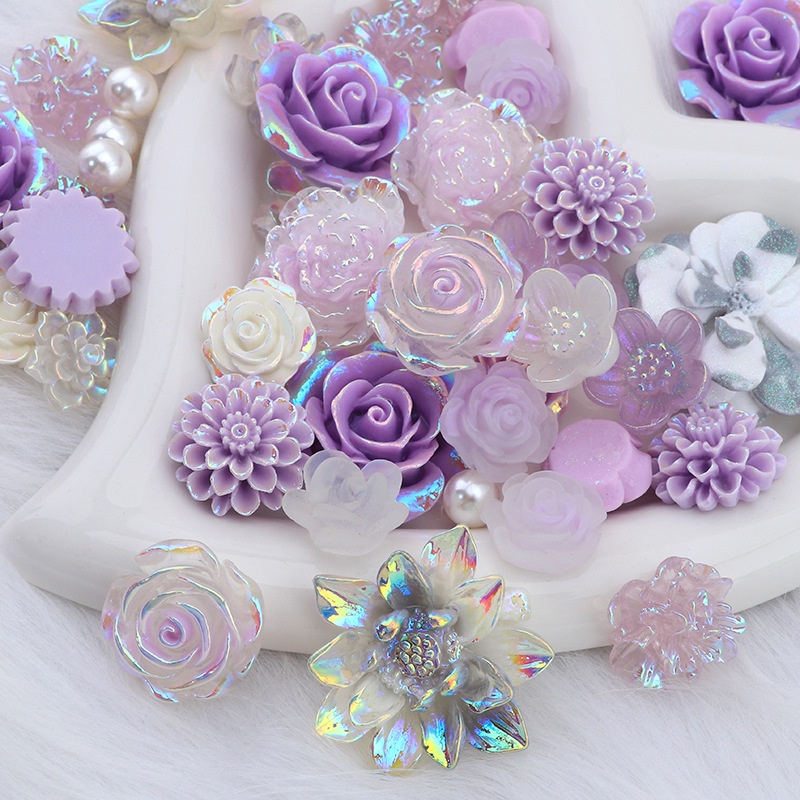 10 ชิ้น / เซต บาร็อค สีม่วง ซีรีส์กุหลาบ เรซิน ด้านหลังแบน โฮมเมด DIY เคสโทรศัพท์ วัสดุครีม เจล เชือกคาดศีรษะ อุปกรณ์ทํา