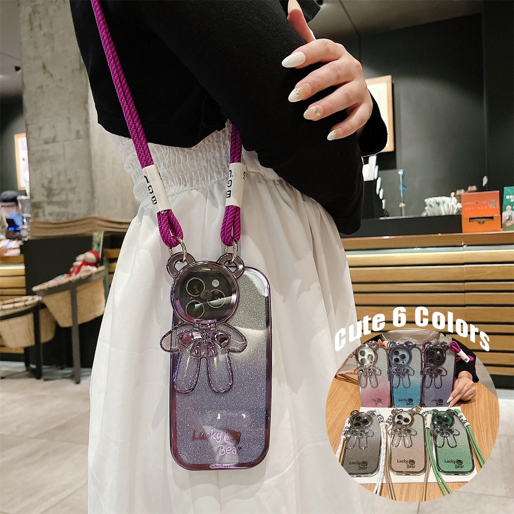 เคสโทรศัพท์มือถือ ลายหมี แต่งกลิตเตอร์ พร้อมสายคล้องคอ และสายคล้อง และตัวป้องกันเลนส์กล้อง สําหรับ iPhone 15 14 13 Pro Max 11 12 Pro 15 Plus