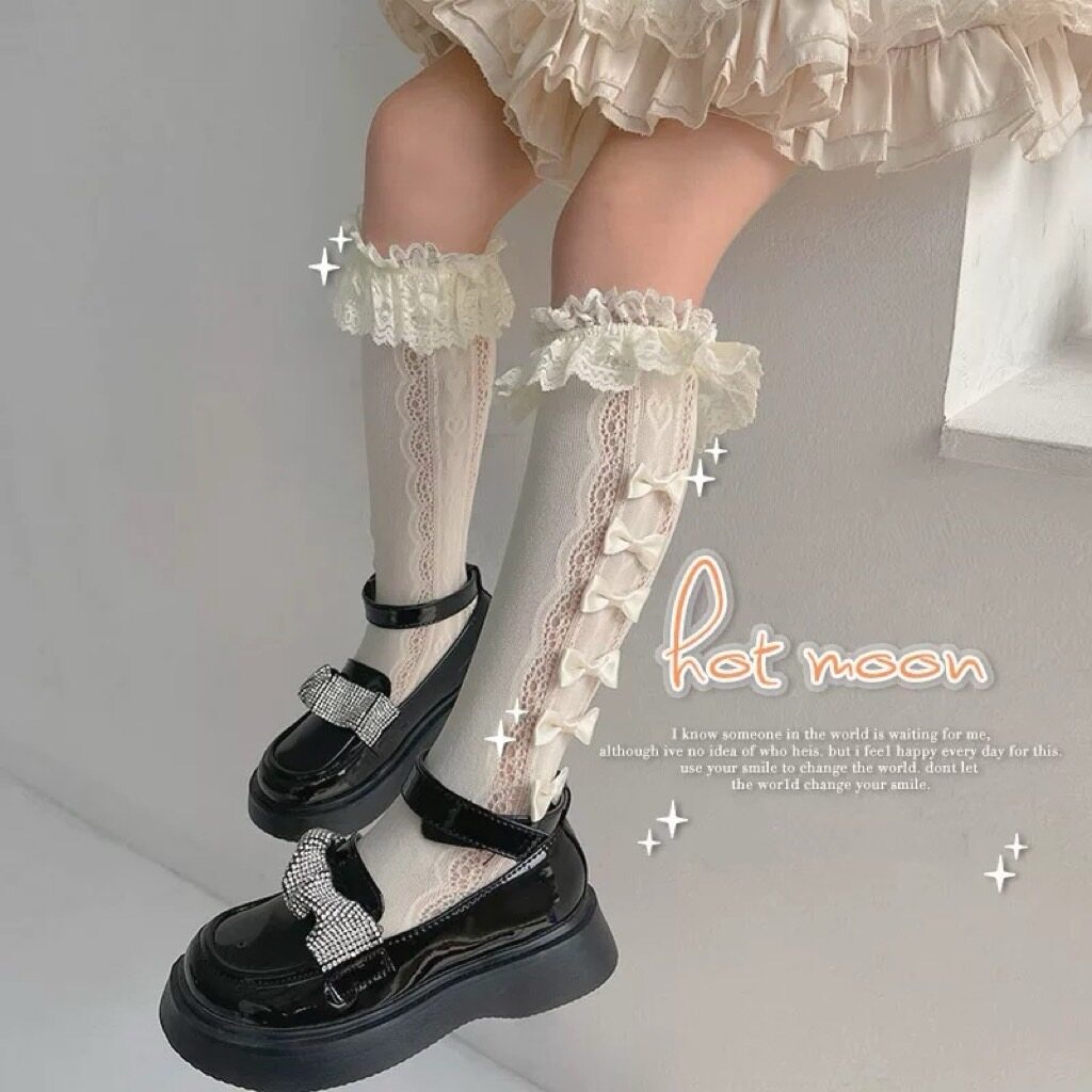 PRETTY BABY ถุงเท้าเด็ก ถุงเท้าขอบลูกไม้ติดโบว์  (1-15ปี) (990)