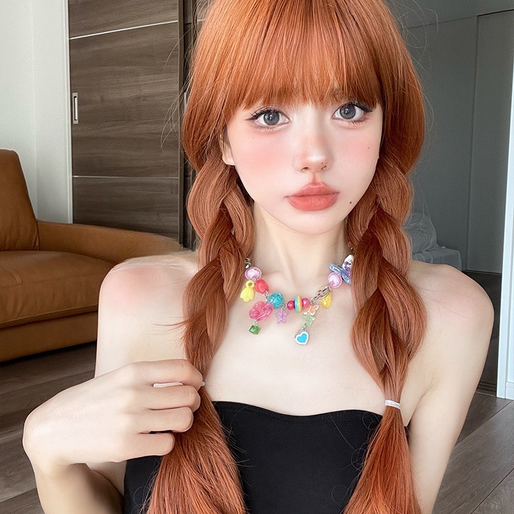 วิกผมยาวตรง สีส้ม พร้อมหน้าม้า วิกผมสังเคราะห์ คอสเพลย์ นุ่ม ยาว สําหรับผู้หญิง ปาร์ตี้ ธรรมชาติ วิกผมทนความร้อน