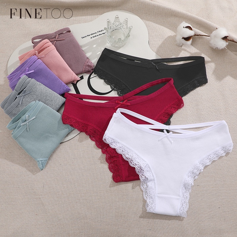 Finetoo กางเกงชั้นใน ผ้าฝ้าย แต่งลูกไม้ แต่งโบว์น่ารัก ระบายอากาศ สําหรับผู้หญิง