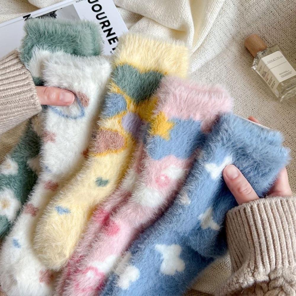 Rowans ถุงเท้ากลางหลอด, Soft Plush ดอกไม้หัวใจรูปแบบ Mink กํามะหยี่ถุงเท้า,หวาน Thicken Keep Warm Sleeping ถุงเท้าผู้หญิง - รูปที่ 2