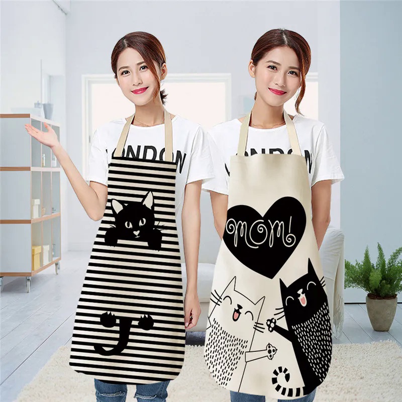 Kids Aprons Kitchen Aprons Cute Cat Pattern Women Adult Kids Black White Cartoon Cat Linen Bibs Home