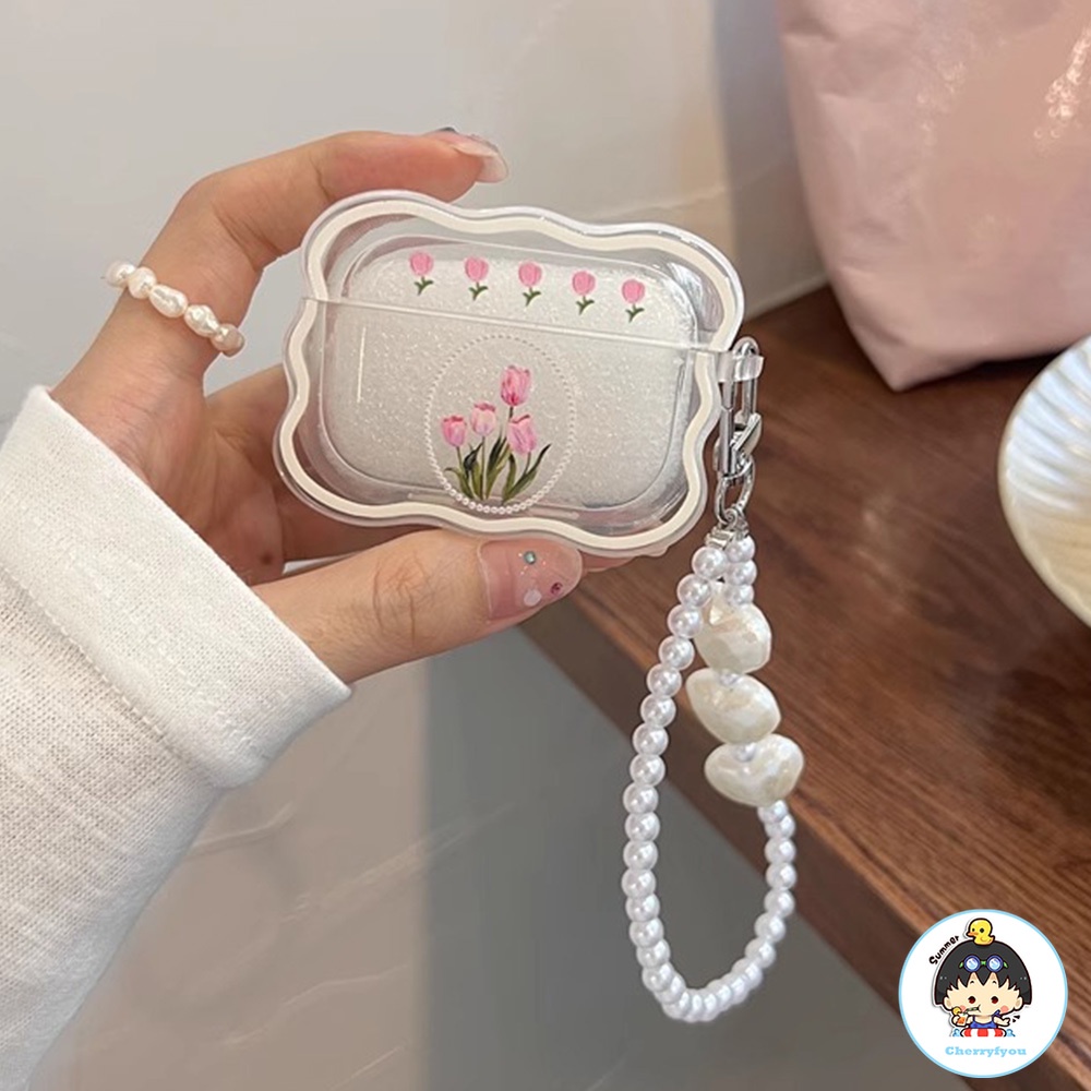 เคสหูฟังบลูทูธไร้สาย ซิลิโคนแข็ง ลายดอกทิวลิป พร้อมสายโซ่คล้อง ประดับไข่มุก สําหรับ Airpods 1 2 3 pro 2
