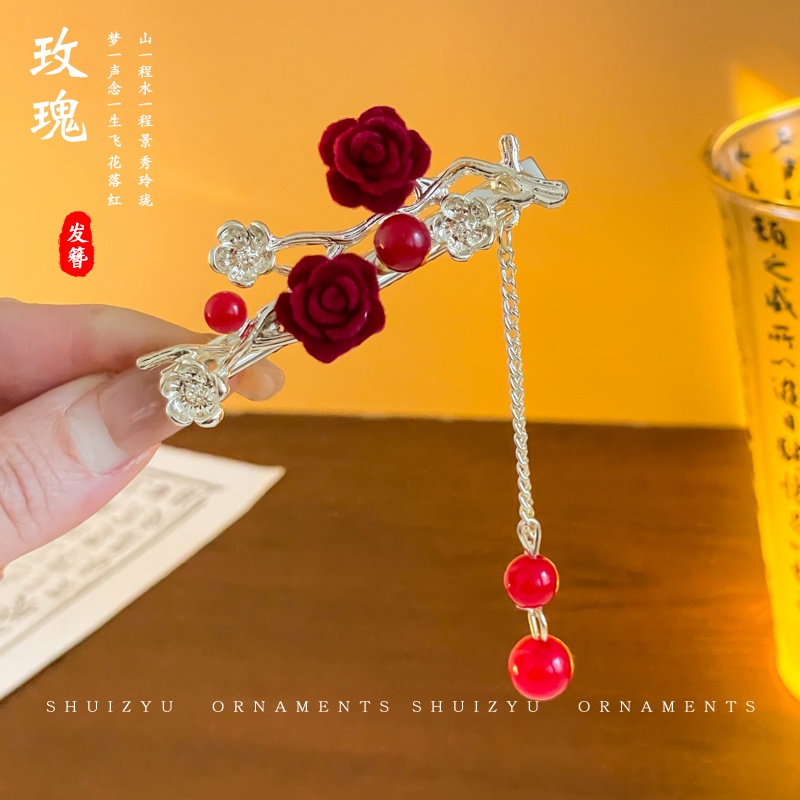 สีแดง ใหม่ สไตล์จีน กิ๊บผู้หญิง ระดับไฮเอนด์ สไตล์โบราณ พู่ ปิ่นปักผม Hanfu กิ๊บปีใหม่ เครื่องประดับผม