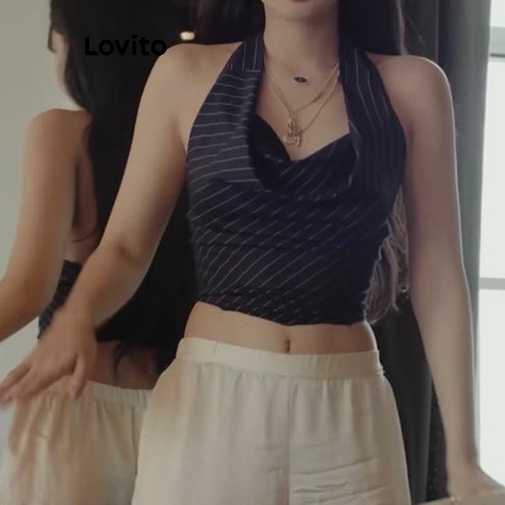 Lovito เสื้อกล้ามลำลองลายทาง ทรงคร็อป สำหรับสตรี LNE21009 (สีน้ำเงิน)