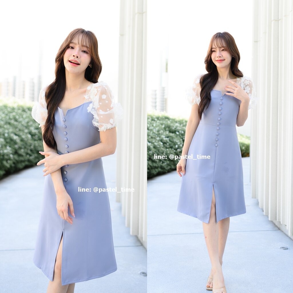 Eve - 3D Floret Midi Dress : สีฟ้าคราม [Made by Pastel Time]