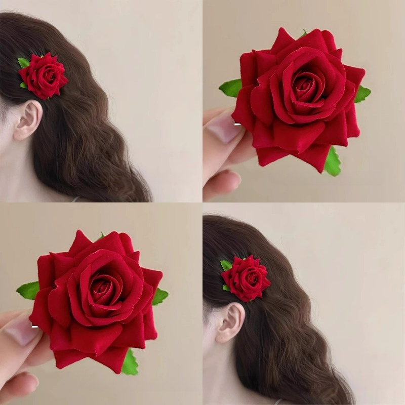 กิ๊บติดผมหน้าม้า รูปดอกกุหลาบ สีแดง สไตล์เรโทร แฟชั่นสําหรับผู้หญิง