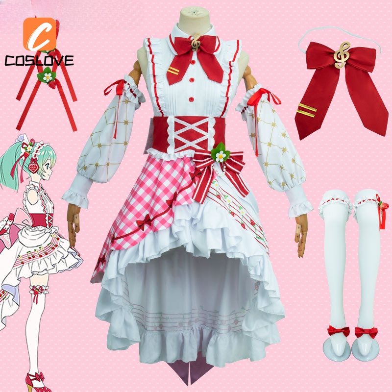 VOCALOID Hatsune Miku 15th Anniversary คอสเพลย์ชุดเครื่องแต่งกายสําหรับผู้หญิงสีชมพูสตรอเบอร์รี่ชุดก