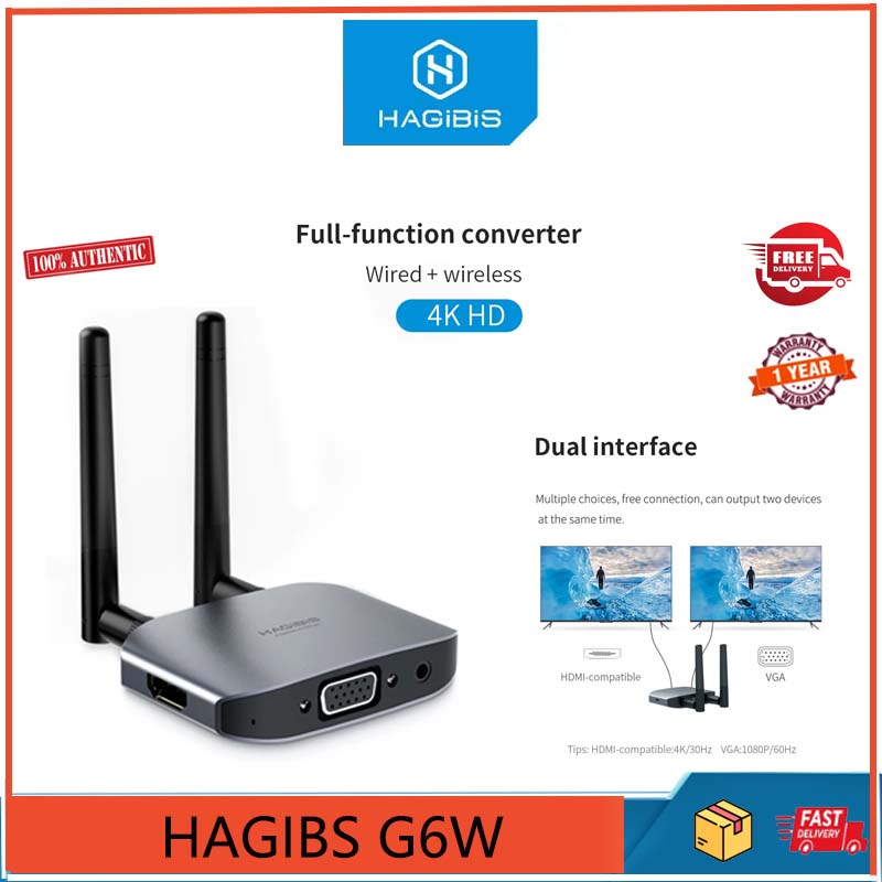 Hagibis G6W 4K HD VGA อะแดปเตอร์เข้ากันได้กับ HDMI, ดองเกิล WiFi ไร้สาย, ตัวแปลงเสียงและวิดีโอ