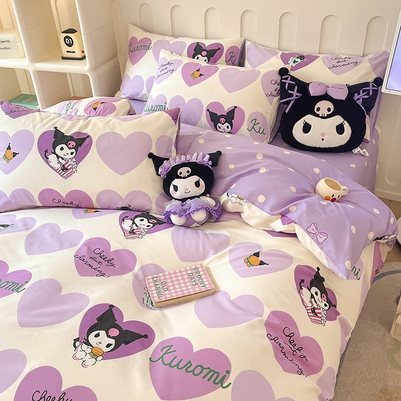 3 in 1 ชุดเครื่องนอน ผ้าปูที่นอน ปลอกหมอน ผ้าฝ้ายแท้ ลาย Kuromi and Melody 12 แบบ 4 in 1