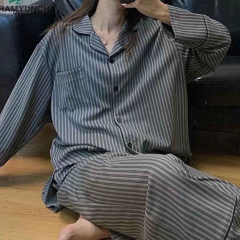Ram ชุดสองชิ้น ชุดนอนเสื้อแขนยาว กางเกงขายาว ลายทาง สําหรับผู้หญิง OTC