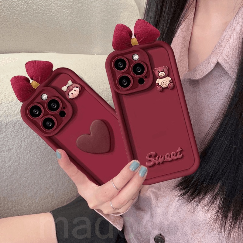 Casing Redmi Note 12 11s 11 4G A1 A2 10s 10 Pro 9T 9C 9A 9 8 Xiaomi 13 12 12x 12s 11 m2 f5 High Quality Tpu Anti-fall Back Cover Wine red Cute 3D bowknot Love Girl Sweet Bear Doll Fine Hole Lens Protection Soft Phone Case 1JGS 04