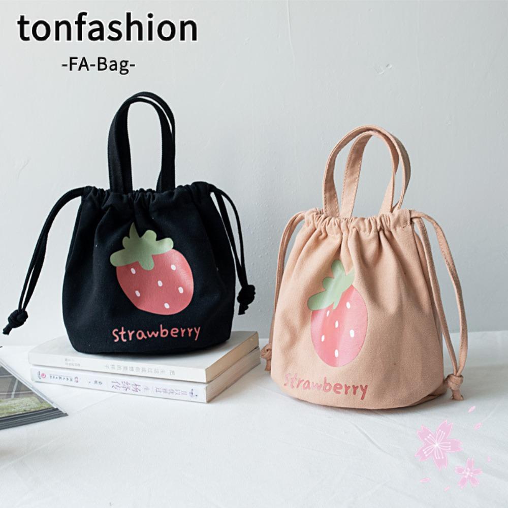 Tonfashion กระเป๋าผ้าแคนวาส แบบถือ พิมพ์ลายสตรอเบอร์รี่ ปรับได้ น่ารัก