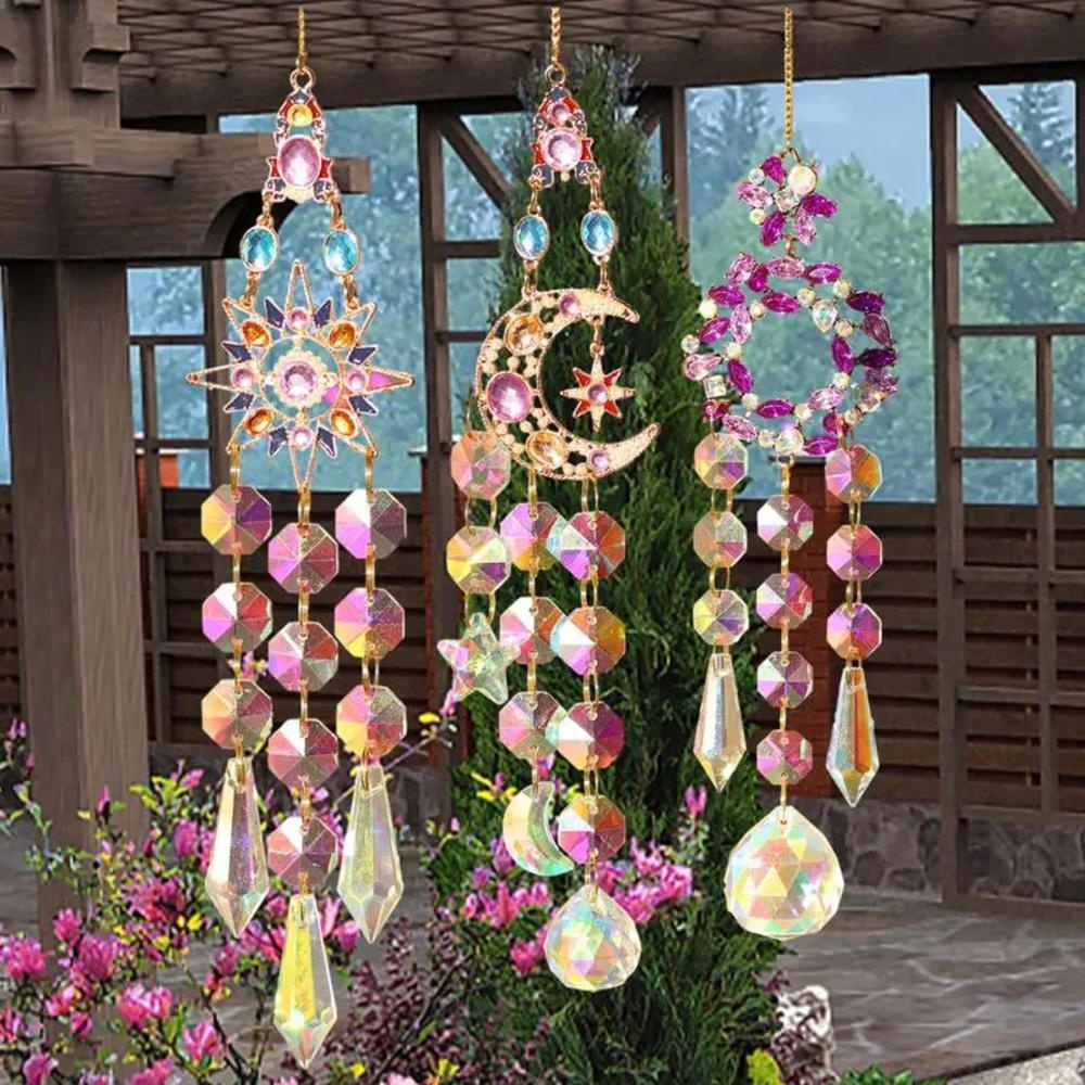 โมบายปริซึมคริสตัล รูปดวงอาทิตย์ ดาว สีรุ้ง สําหรับแขวนตกแต่งบ้าน หน้าต่าง กลางแจ้ง