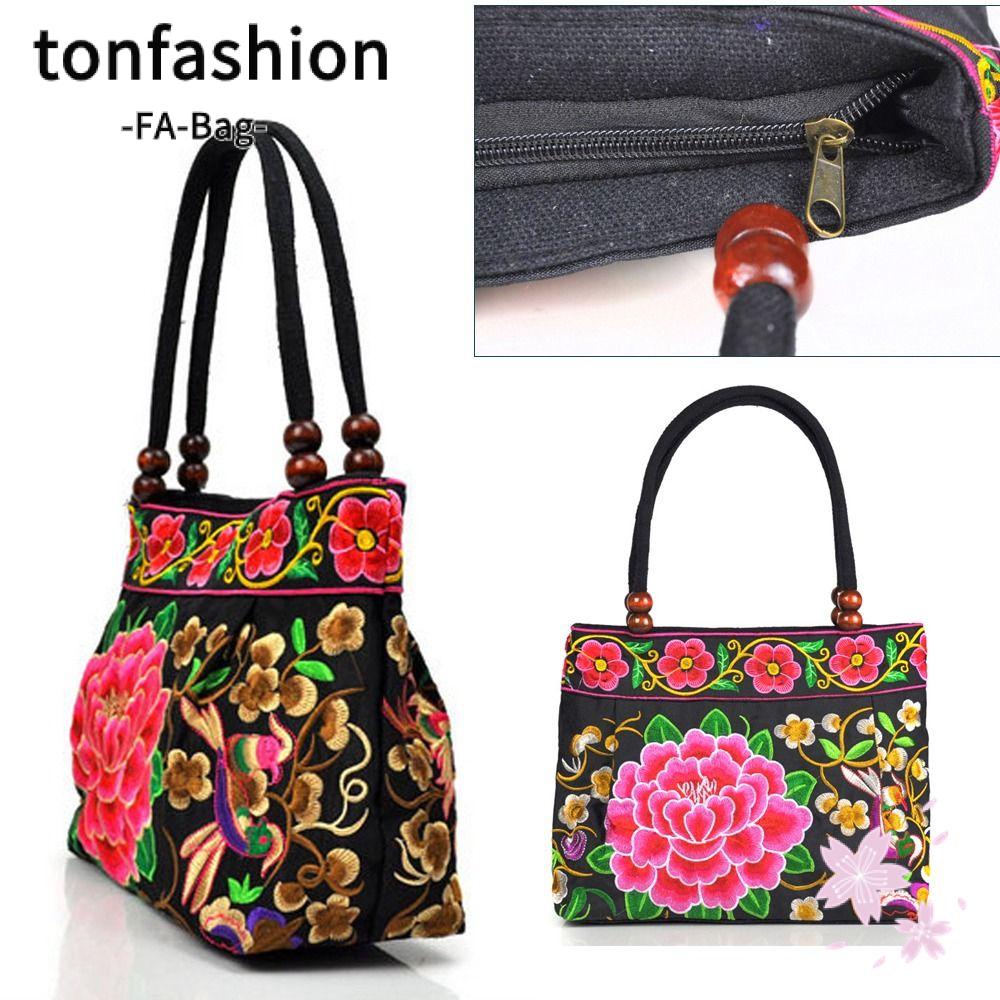 Tonfashion กระเป๋าถักโครเชต์ ผ้าแคนวาส ปักลายดอกไม้ ความจุขนาดใหญ่ สไตล์เรโทร สําหรับผู้หญิง
