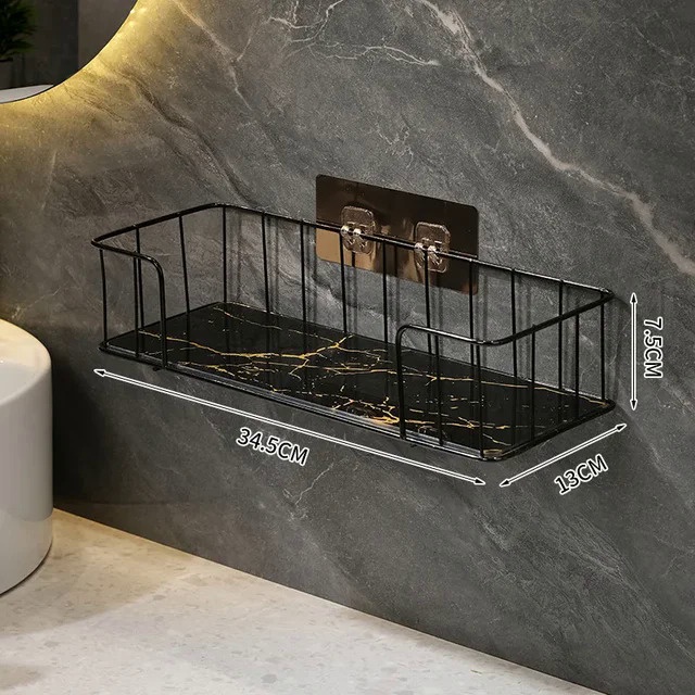 ！#@Luxury Bathroom Shelf without drilling Iron Wall Shelf with Marble style Glass Plate Makeup Stora