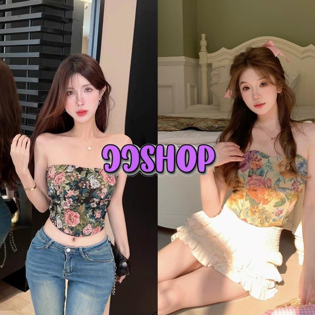 JJ Shop​ ​พร้อมส่ง เสื้อเกาะอกลายดอกไม้ มีฟองน้ำในตัว สม็อคด้านหลัง "FY2217-1" -H