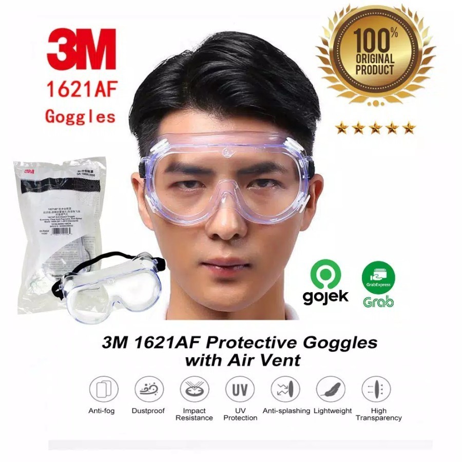 Anti-FOG แว่นตา 3M 1621 AF 3M 1621AF ความปลอดภัย Goggle Lab ANTI FOG เลนส์ใสสําหรับ Splash