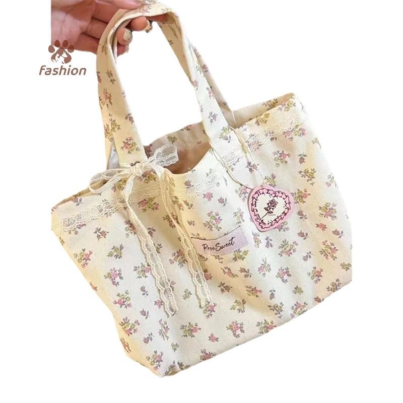[แฟชั่น] ความจุขนาดใหญ่ Fragmented Flowers Pattern Tote Bag Fashion Sweet With Lace Bow Storage Handbags Canvas Handbag {TH}