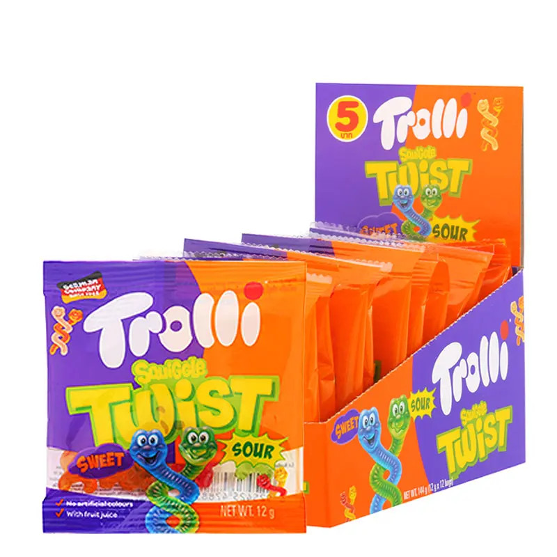 (พร้อมส่งขนมอร่อย ราคาถูก) [ยกกล่อง] ทรอลลี่ เดอะ สควิกเกิ้ล ทวิสต์ เยลลี่ TROLLI The Squiggles Gummi Candy 12g.x12ชิ้น