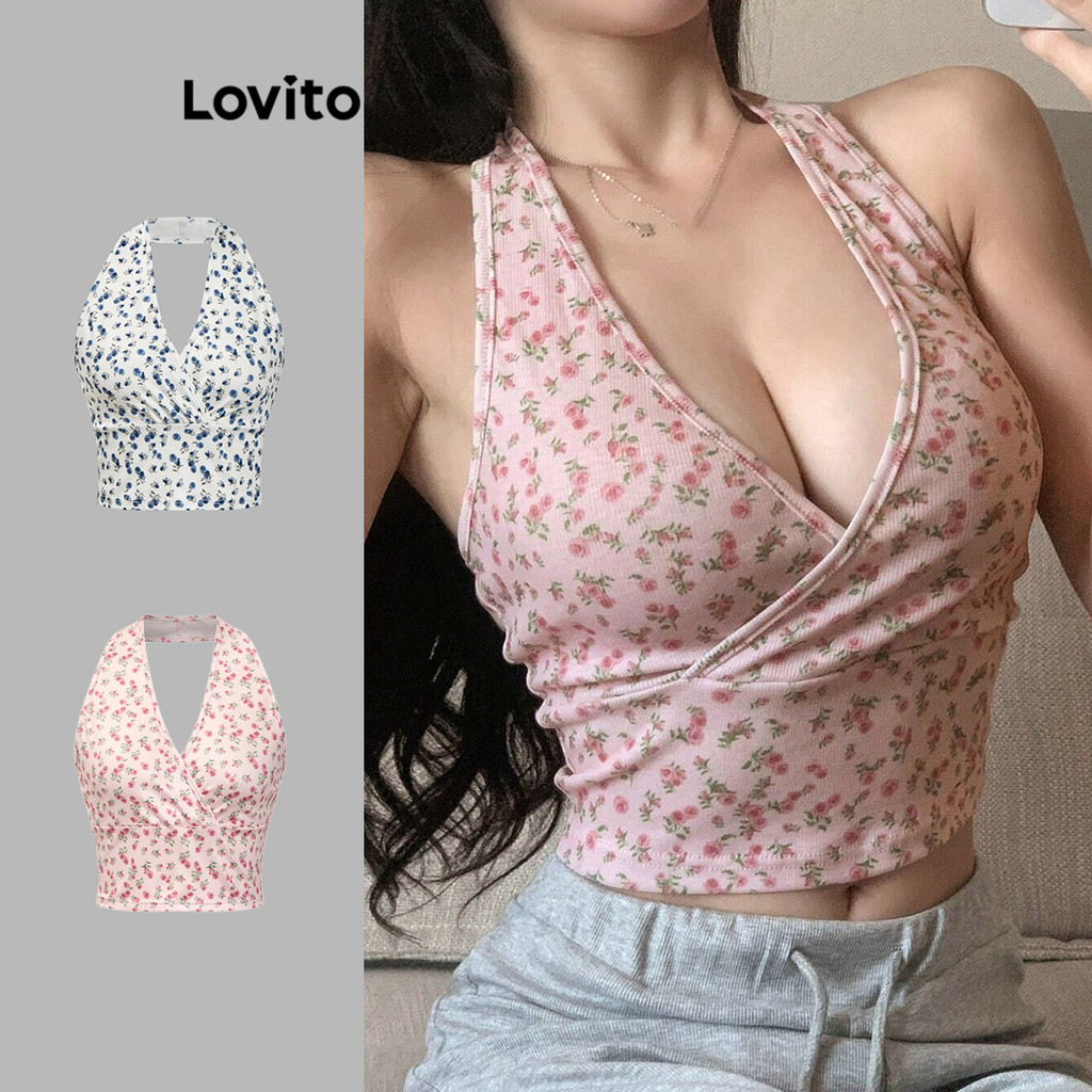 Lovito เสื้อคล้องคอผู้หญิง แนว Y2K พิมพ์ลายดอกไม้ สไตล์ลำลอง L85AD201(หลากสี)