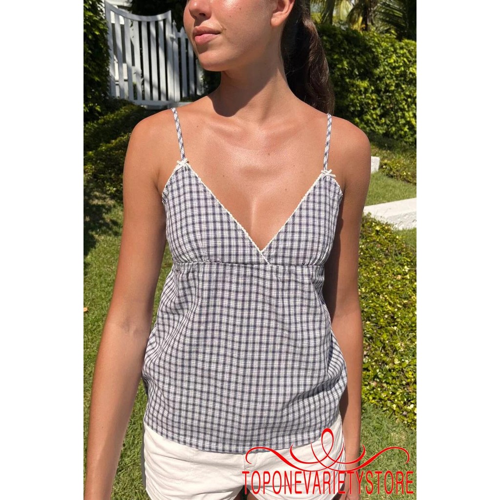 Topone-ผู้หญิงลายสก๊อตพิมพ์ฤดูร้อนแขนกุด V คอ Camisole Slim Fit เสื้อกล้าม