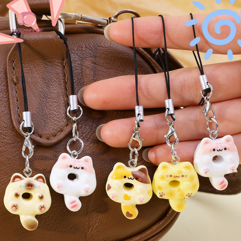 6 ชิ้นน่ารัก Doughnut ลูกแมวพวงกุญแจ – การ์ตูนยาว Tailed จี้แมว – ห่วงโซ่โทรศัพท์มือถือกระเป๋าเป้สะพายหลังตกแต่งของขวัญ