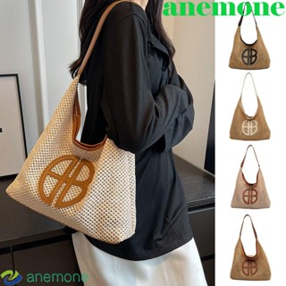 Anemone Raffia กระเป๋าฟางสาน หนัง Pu ลายตัวอักษร สไตล์โบฮีเมียน เรียบง่าย สําหรับผู้หญิง