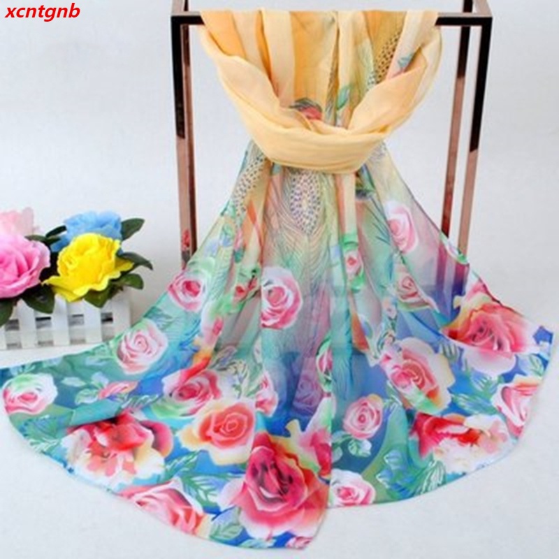 Ladies Chiffon Rose Floral Scarf Feather Soft Wrap ผ้าคลุมไหล่ยาว [HA]