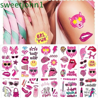 Sweetjohn สติกเกอร์รอยสักชั่วคราว ลายการ์ตูน สีชมพู กันน้ํา แวววาว สไตล์เรโทร สําหรับตกแต่งร่างกาย คอสเพลย์ 10 แผ่น