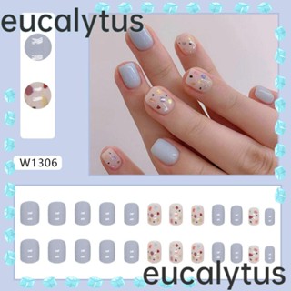 Eucalytus1 เล็บปลอมแฟชั่น ทรงกลม สั้น สไตล์ฝรั่งเศส สีฟ้า สําหรับร้านเสริมสวย