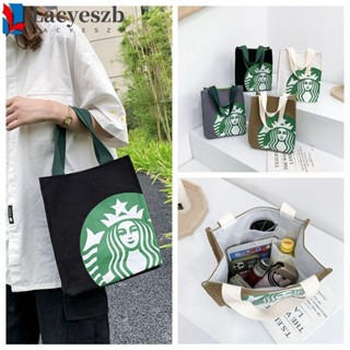 Lacyeszb กระเป๋าถือ กระเป๋าช้อปปิ้ง ผ้าแคนวาส พิมพ์ลาย Starbucks เข้ากับทุกการแต่งกาย สไตล์เกาหลี สําหรับคุณแม่