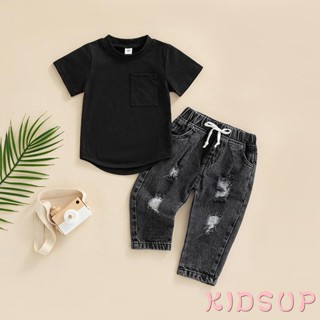 Kidsup1 เสื้อยืดคอกลม แขนสั้น สีพื้น และกางเกงยีน แต่งรอยขาด สําหรับเด็กผู้ชาย