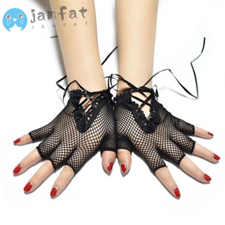 Janfat ถุงมือตาข่าย แบบครึ่งนิ้ว สไตล์พังก์ร็อค โกธิค ดิสโก้ ฮาโลวีน 2 คู่