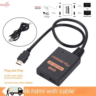 Nedfs ตัวแยก 4K HDMI 1x2 พร้อมสายเคเบิล อุปกรณ์หน้าจอเดียวกัน ความละเอียดสูง 4K HDMI เข้า 1 ออก 2 ตัวแปลงวิดีโอ ไม่สูญหาย สวิตช์ HDMI 3D 1 เป็น 2