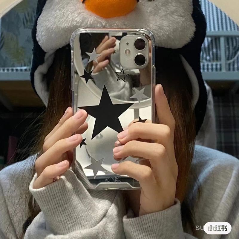 เคสโทรศัพท์มือถือกระจก กันกระแทก ลายดาวน่ารัก สีดํา สีขาว สําหรับ iPhone 11 12 13 14 15 pro max xr xsmax 11promax 13promax 14promax 14plus 7 8 plus