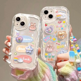 เคสโทรศัพท์มือถือ แบบนิ่ม ลายกระต่าย หมี 3D มีสายโซ่คล้อง สําหรับ iPhone 15 15 Plus 15 Pro 15 Pro Max