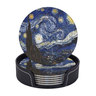 (6 ชิ้น) Van Gogh Starry Night ที่รองแก้วหนัง ทรงกลม ทนความร้อน พร้อมกล่องเก็บ สําหรับร้านอาหาร ห้องครัว สํานักงาน ฯลฯ