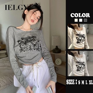 Ielgy Niche เสื้อยืดคอกลม แขนยาว พิมพ์ลาย สีเทา สไตล์เกาหลี สําหรับผู้หญิง