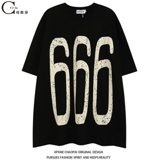 เสื้อยืดแขนสั้นลําลอง ทรงหลวม พิมพ์ลาย C CRLU American 666 ขนาดใหญ่ สไตล์ฮิปฮอป ยุโรป อเมริกัน สตรีท สําหรับผู้ชาย และผู้หญิง