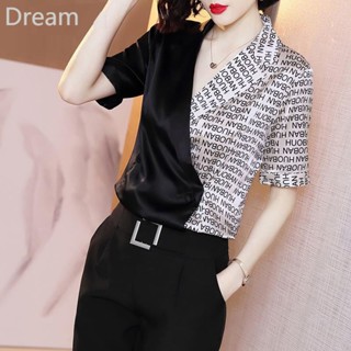 Summer stitching chiffon shirt womens short-sleeved western style printed design shirt suit collar top