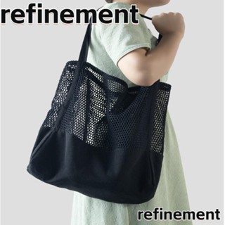 Refinement กระเป๋าช้อปปิ้ง ทรงโท้ท ผ้าตาข่าย ความจุขนาดใหญ่ ทนทาน พับได้ สามมิติ สีดํา เหมาะกับชายหาด ปิกนิก วันหยุด