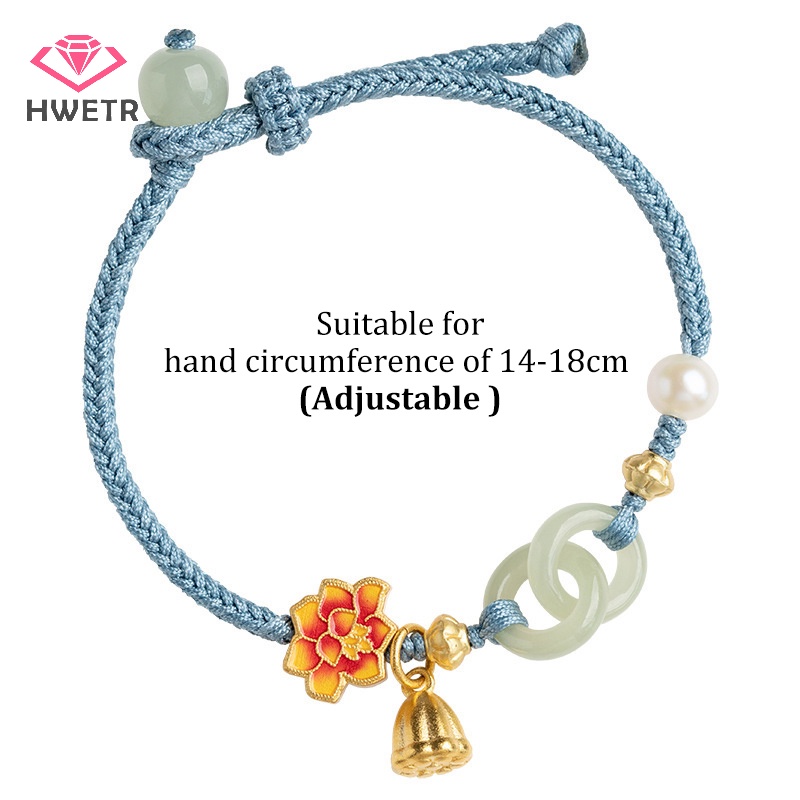 Hwetr สร้อยข้อมือถัก ประดับมุก หยก ดอกบัว สไตล์ชนเผ่า ปรับได้ เครื่องประดับแฟชั่น สําหรับผู้หญิง