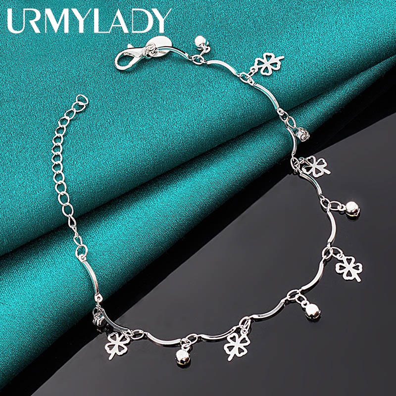 Urmylady สร้อยข้อมือเงินแท้ 925 จี้เพทาย รูปใบโคลเวอร์สี่แฉก ทรงกลม เครื่องประดับแฟชั่น สําหรับผู้หญิง งานแต่งงาน ปาร์ตี้
