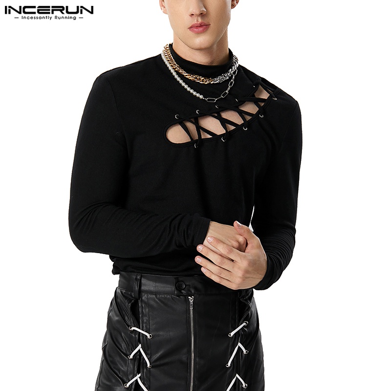Incerun เสื้อยืดแขนยาว คอสูง ผูกเชือกด้านข้าง สไตล์วินเทจ แฟชั่นสําหรับผู้ชาย