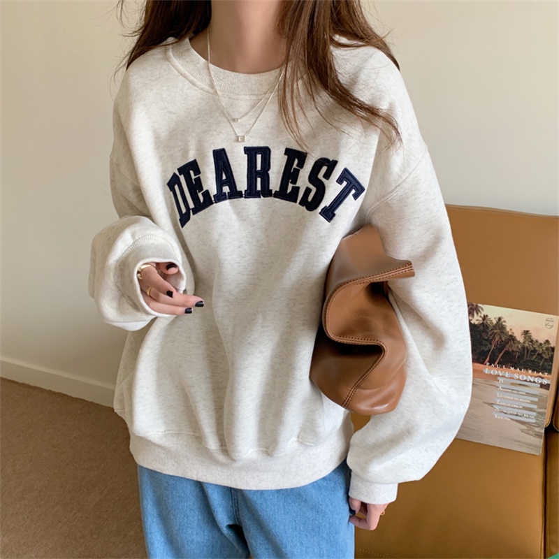 เสื้อกันหนาวลําลอง แขนยาว คอกลม พิมพ์ลายตัวอักษร แบบสวมหัว แบบเรียบง่าย แฟชั่นฤดูใบไม้ร่วง และฤดูหนาว สําหรับนักเรียนผู้หญิง